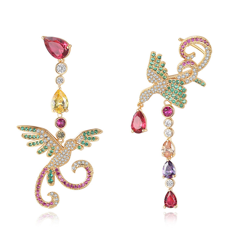 Boucles d'oreilles pendantes colorées Phoenix asymétriques en cuivre incrusté de pierres CZ