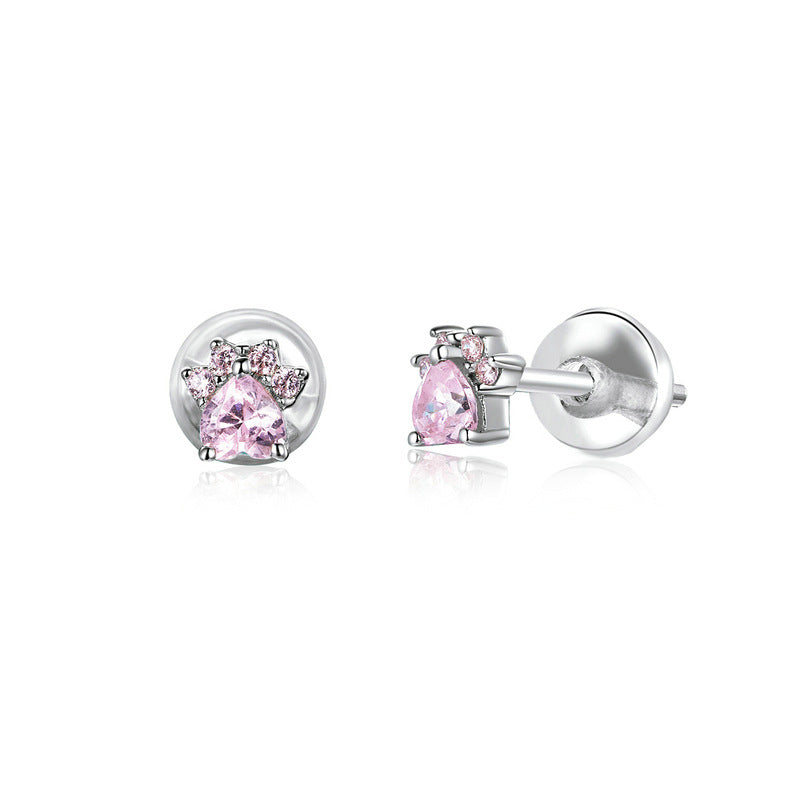 Boucles D'Oreilles Puces Empreintes De Pattes Argent 925 Avec Pierres Roses