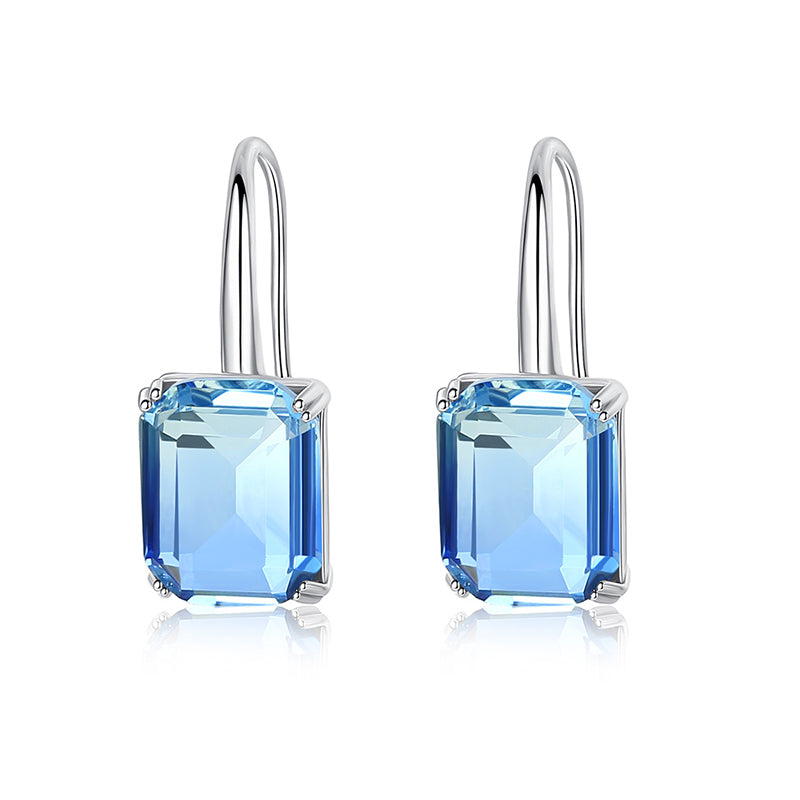 Boucles d'oreilles pendantes classique taille émeraude CZ pierre cuivre bleu avec plaqué or blanc