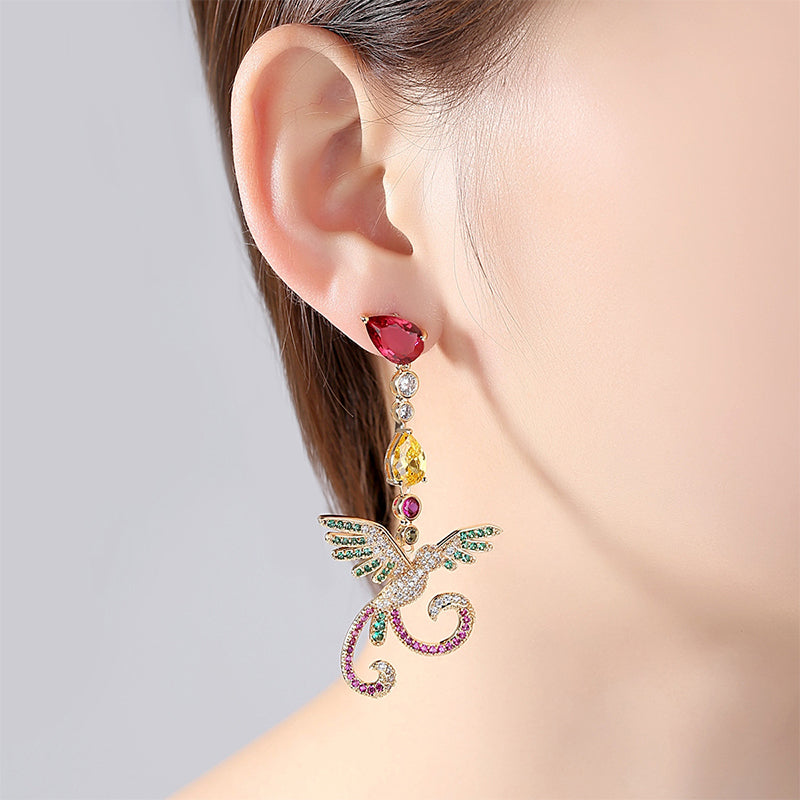 Drop Earrings Colorful Phoenix Asymmetrical Copper Inlaid CZ Stones