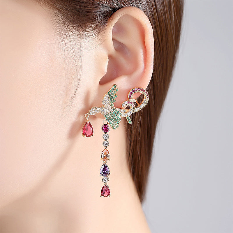 Drop Earrings Colorful Phoenix Asymmetrical Copper Inlaid CZ Stones