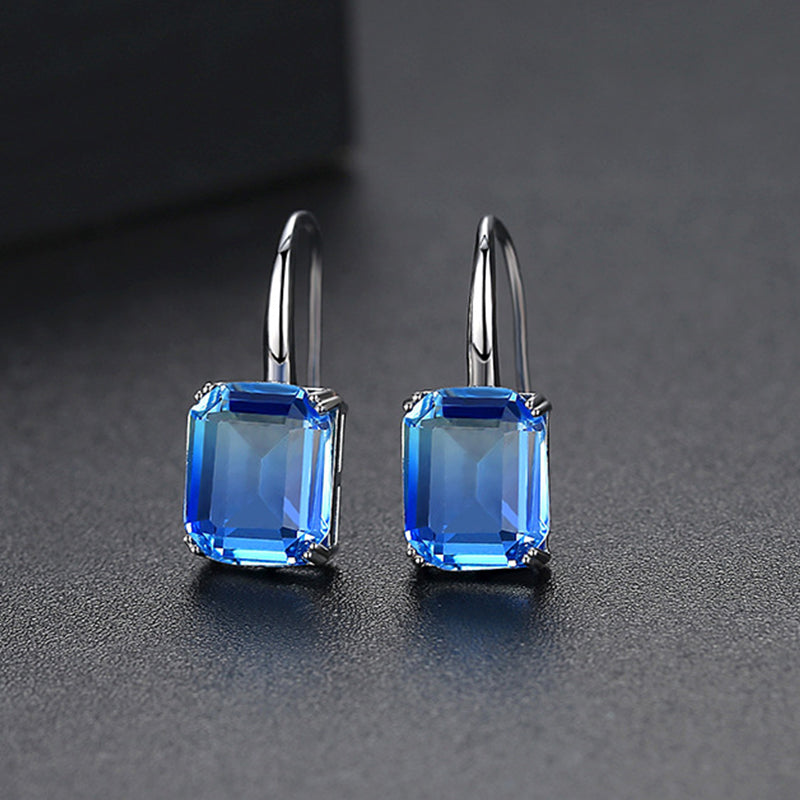 Boucles d'oreilles pendantes classique taille émeraude CZ pierre cuivre bleu avec plaqué or blanc