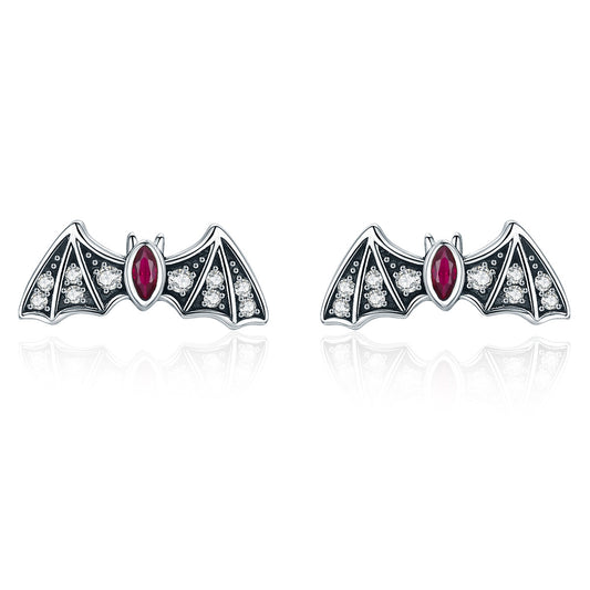 Stud Earrings Mystery Bat 925 Silver With Red Stone