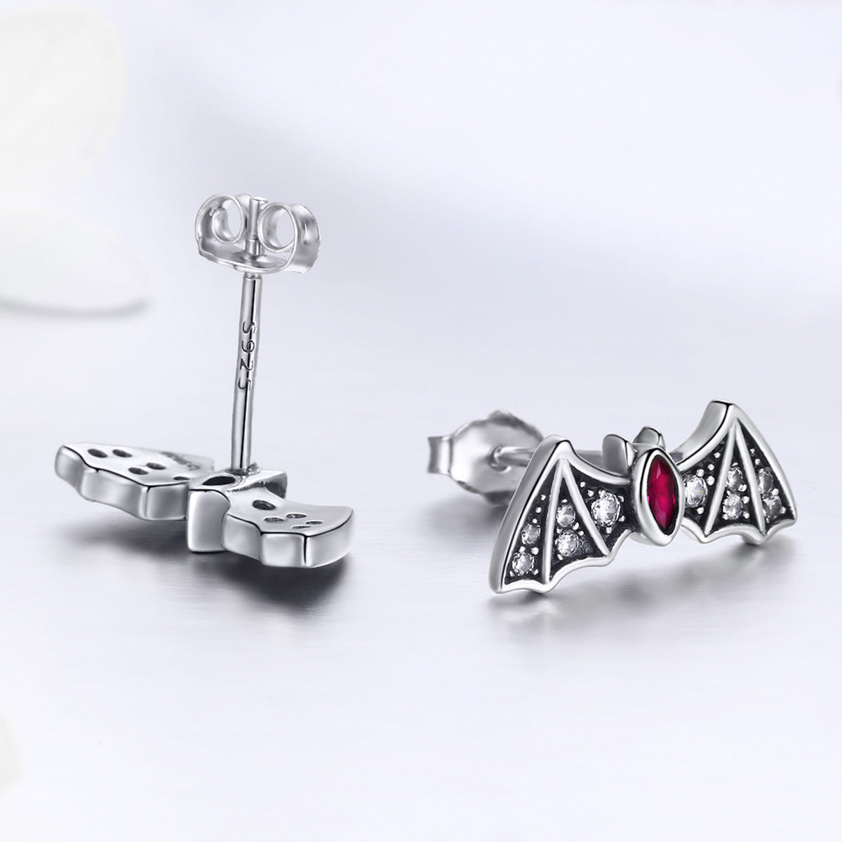 Stud Earrings Mystery Bat 925 Silver With Red Stone