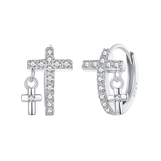 Hoop Earrings Vintage Cross S925 Silver With CZ Stones