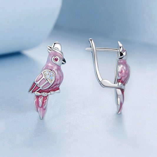 Stud Earrings Pink Parrot Bird S925 Silver