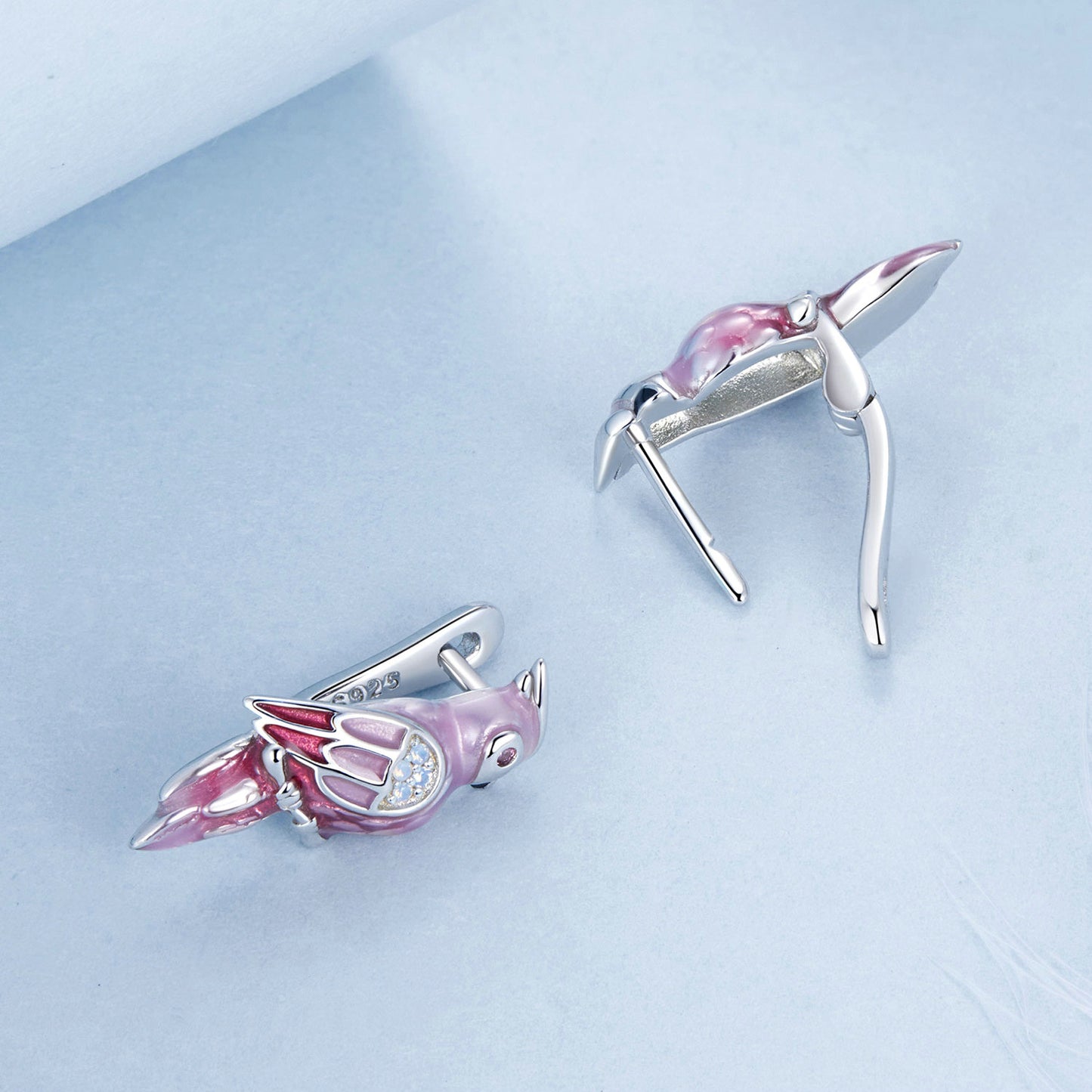 Stud Earrings Pink Parrot Bird S925 Silver