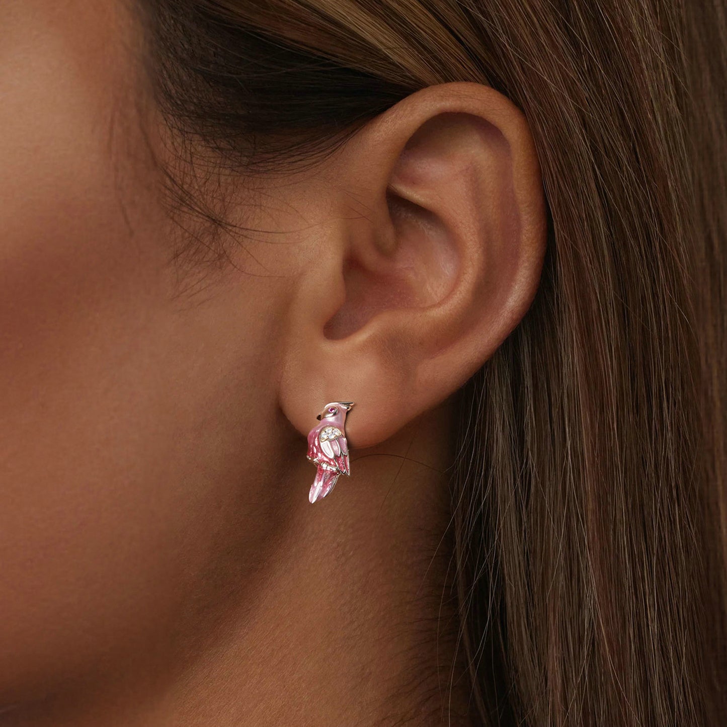 Stud Earrings Pink Parrot Bird S925 Silver