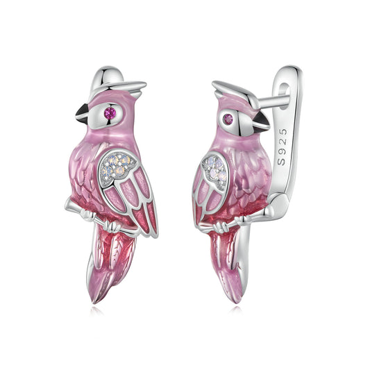 Stud Earrings Pink Parrot Bird S925 Silver