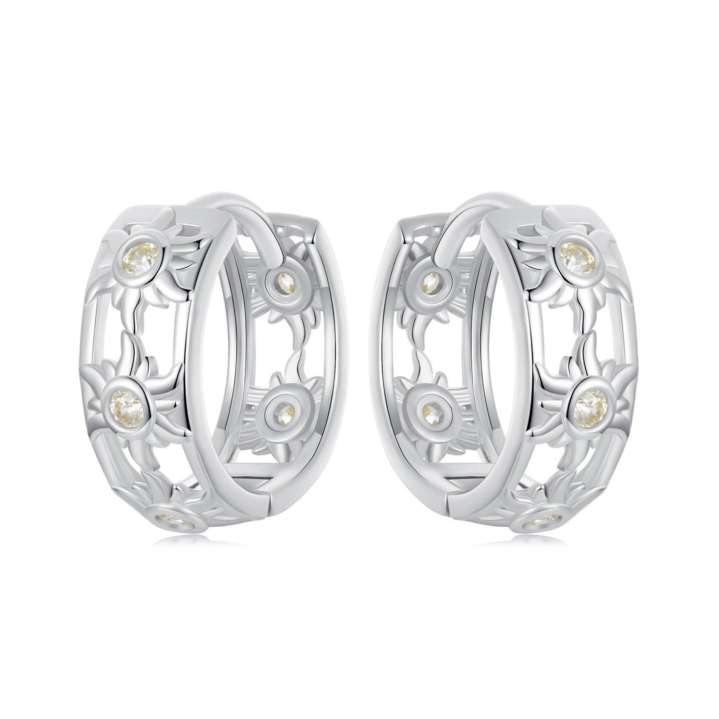 Hoop Earrings Sun Patterns Openwork S925 Silver With CZ Stone