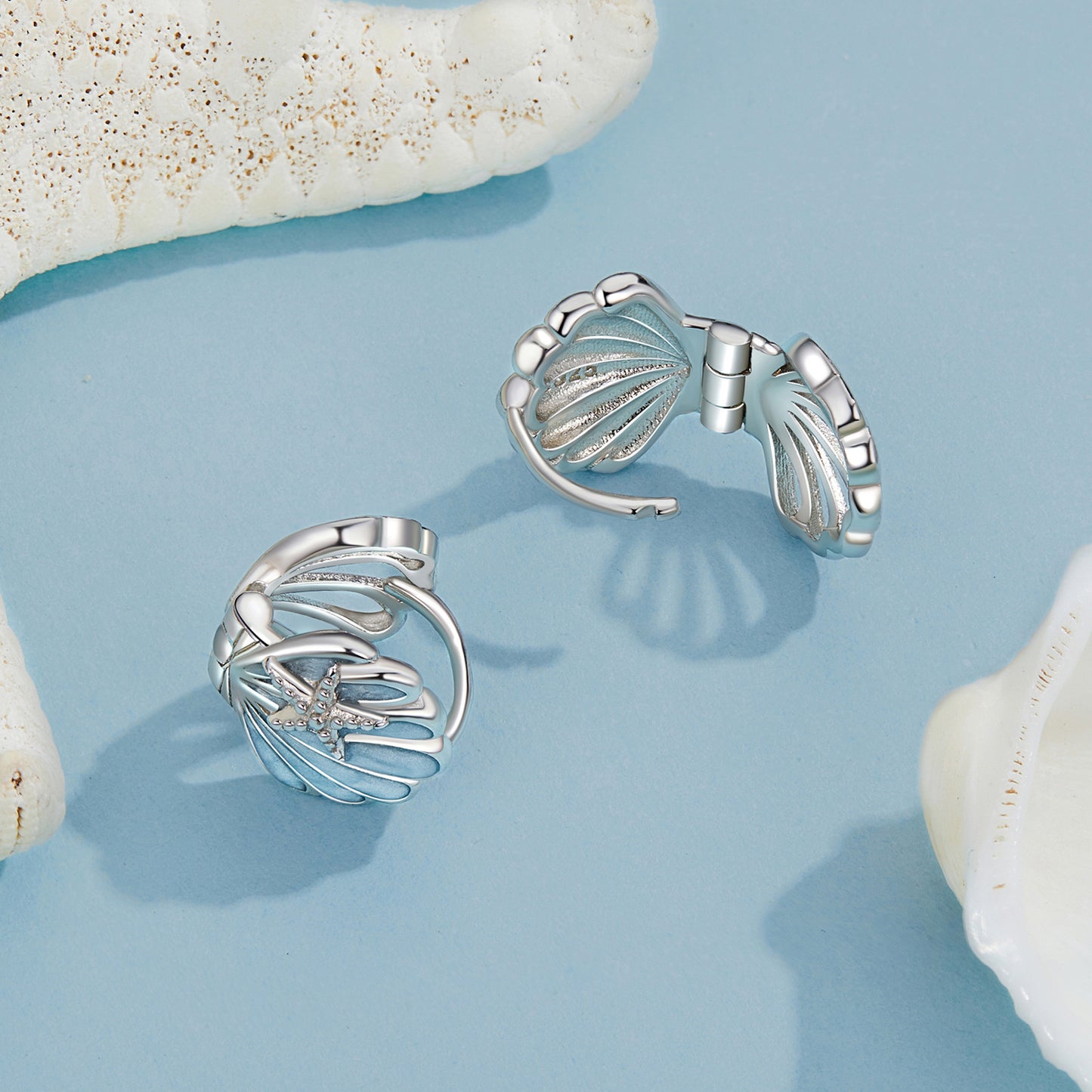 Hoop Huggie Earrings Blue Shell S925 Silver