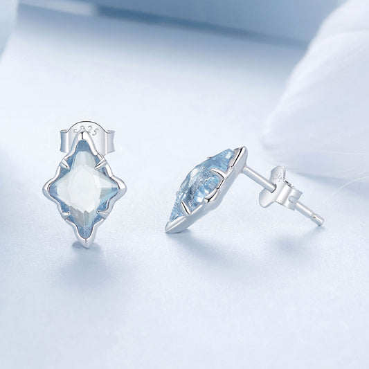 Stud Earrings Rhombic Blue Glass Star S925 Silver