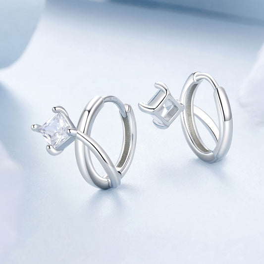 Hoop Huggie Earrings Fashion Design Princess Cut Stone S925 Silver