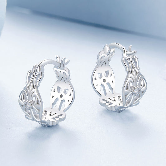 Hoop Huggie Earrings Retro Pattern Openwork S925 Silver