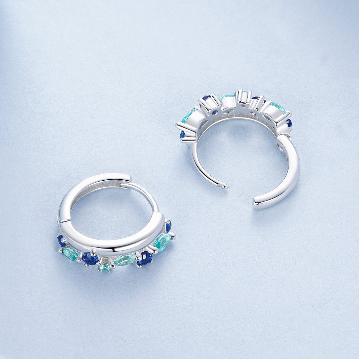 Hoop Earrings Simple Rubble Blue Green Stones S925 Silver