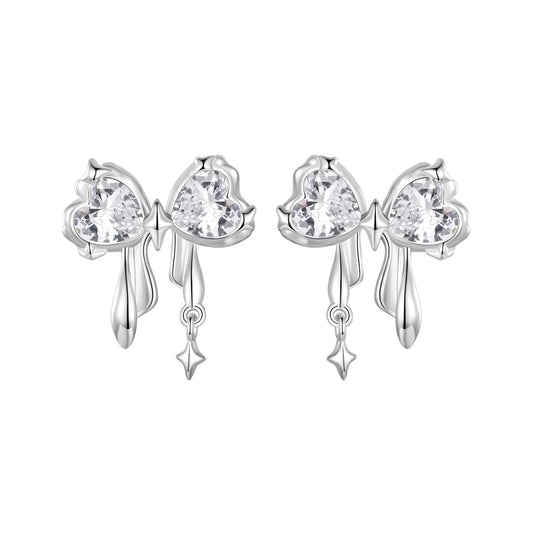 Stud Earrings Simple Bow Knot S925 Silver With CZ Stones