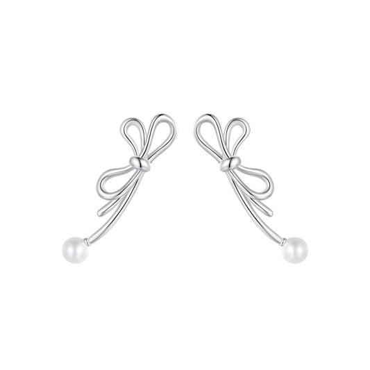 Stud Earrings Sweet Bowknot S925 Silver With Pearl