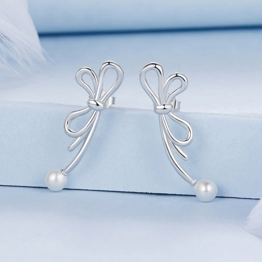 Stud Earrings Sweet Bowknot S925 Silver With Pearl