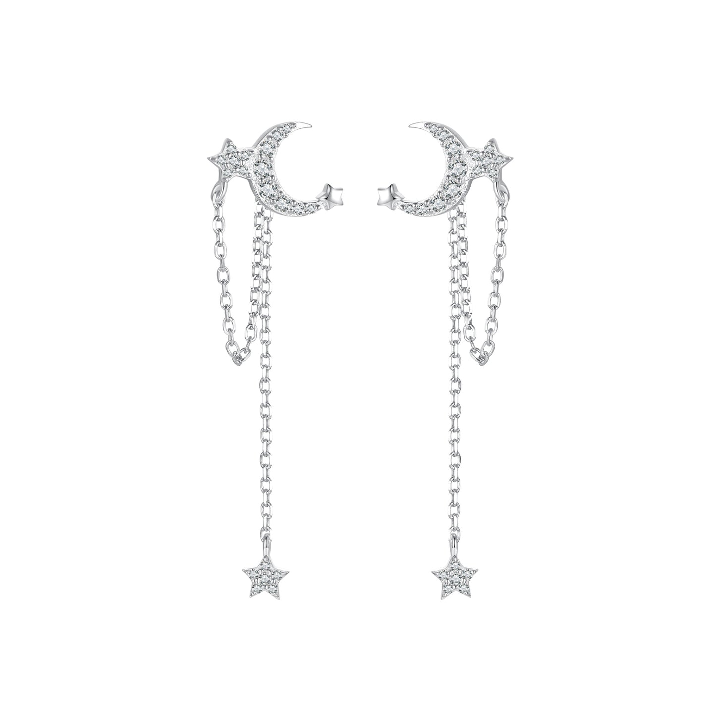 Drop Earrings Stars and Moon With Tassel S925 Silver With CZ Stones