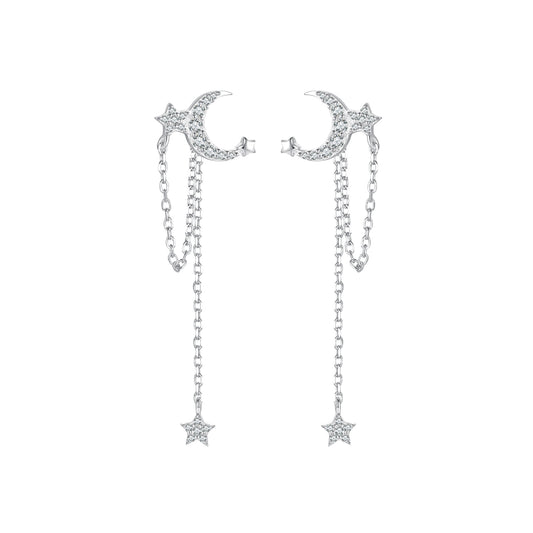 Drop Earrings Stars and Moon With Tassel S925 Silver With CZ Stones