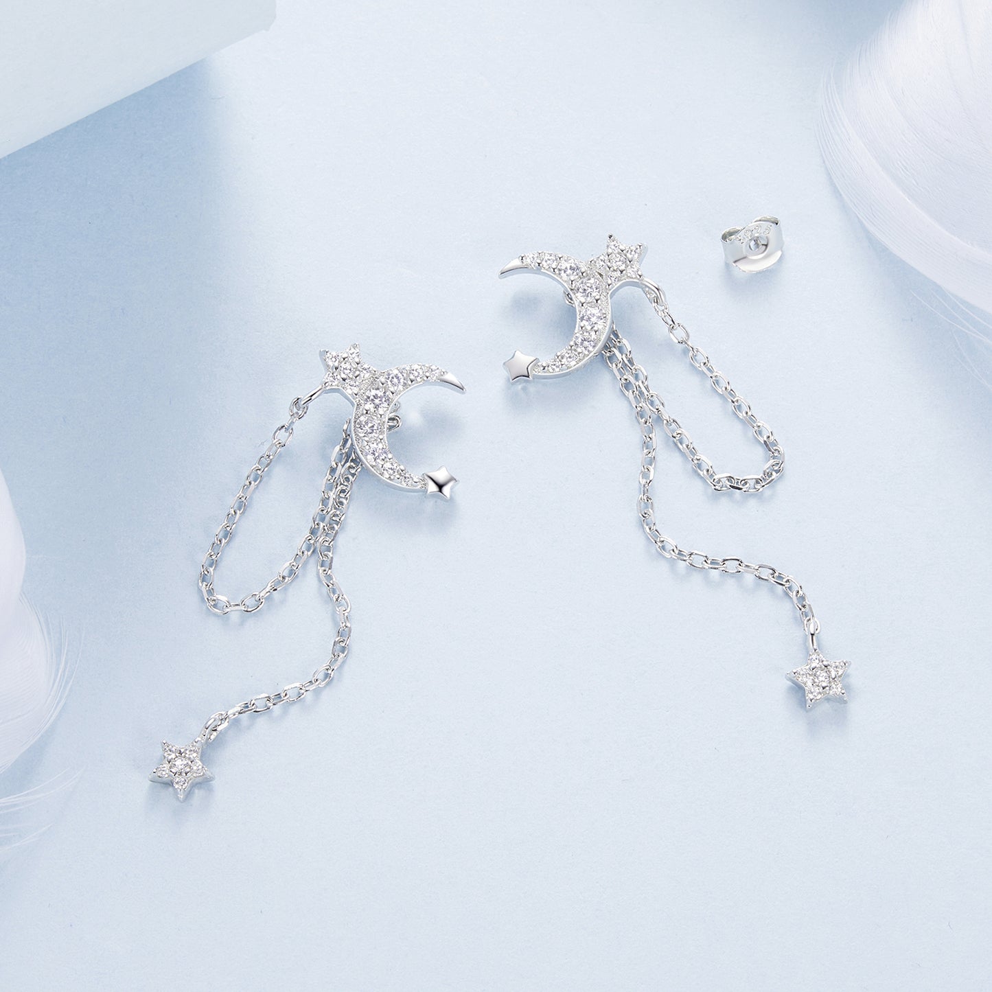 Drop Earrings Stars and Moon With Tassel S925 Silver With CZ Stones