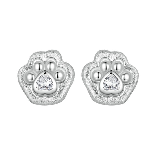 Stud Earrings Simple Paws S925 Silver With CZ Stones