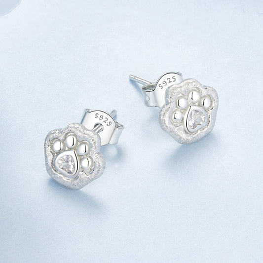 Stud Earrings Simple Paws S925 Silver With CZ Stones