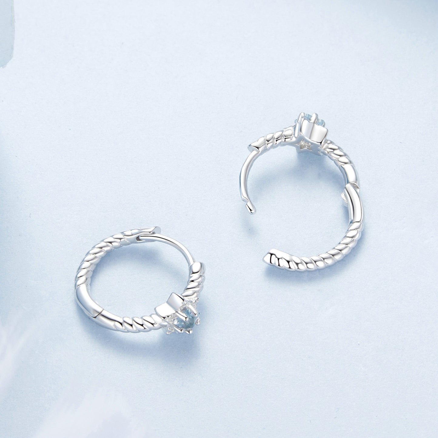 Hoop Earrings Simple Star Light Blue S925 Silver