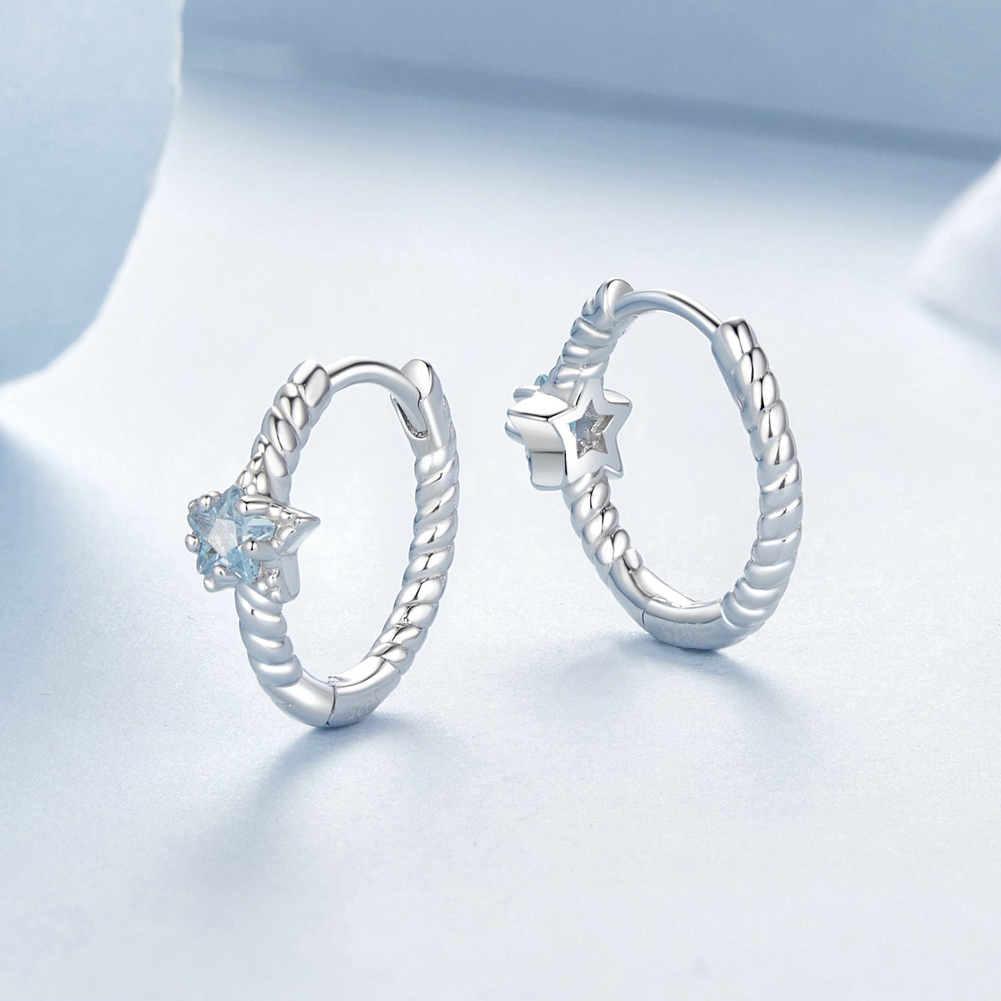 Hoop Earrings Simple Star Light Blue S925 Silver