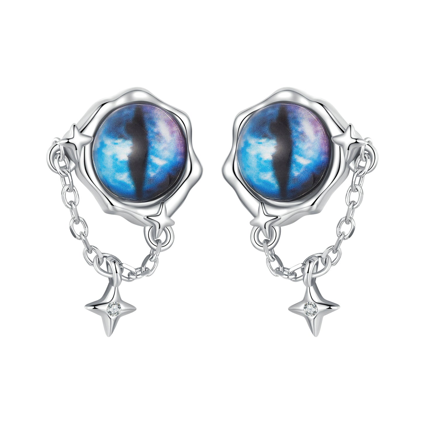 Stud Earrings Blue Devil's Eyes With Stars S925 Silver For Halloween