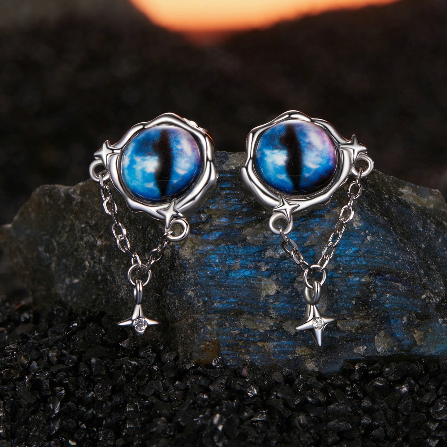 Stud Earrings Blue Devil's Eyes With Stars S925 Silver For Halloween