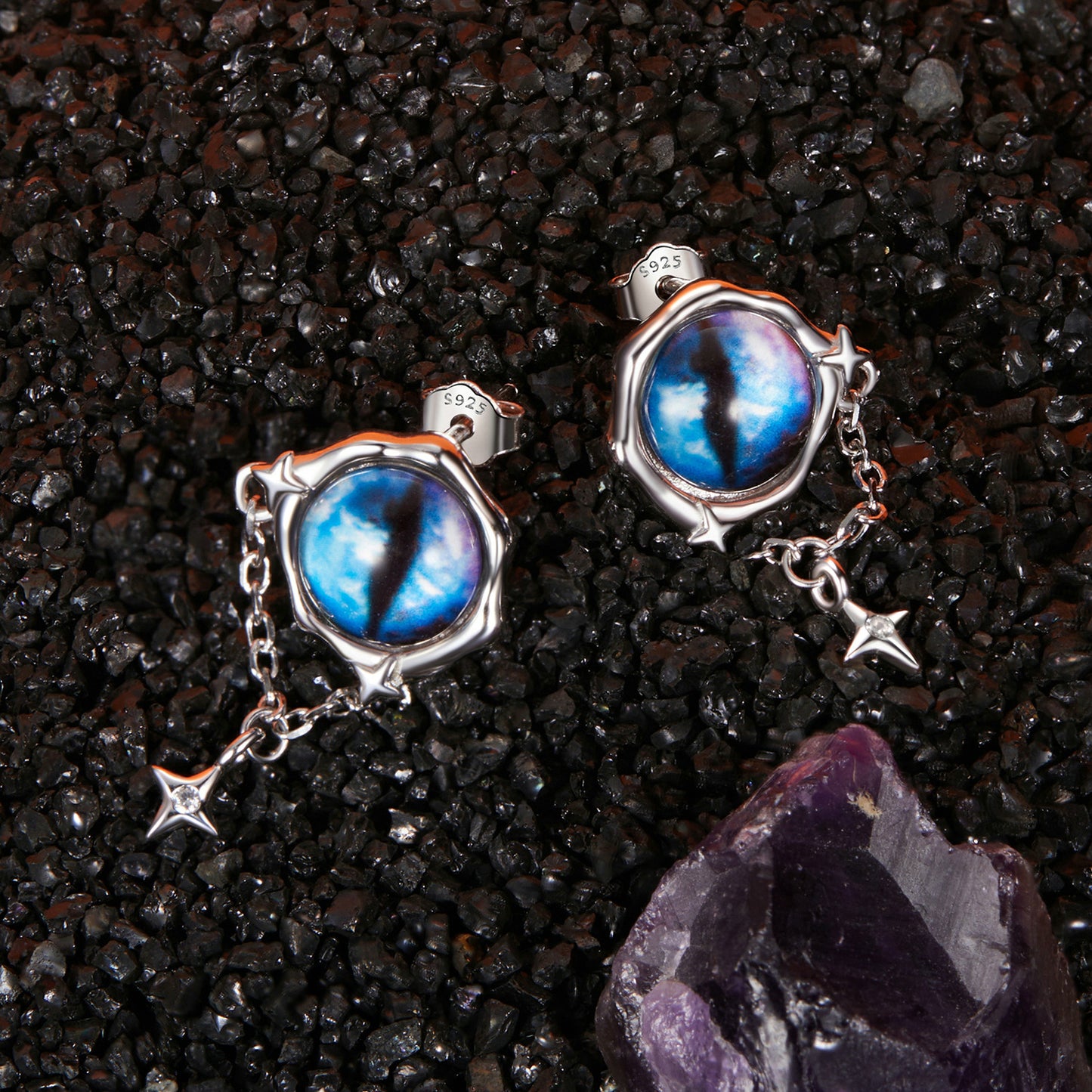 Stud Earrings Blue Devil's Eyes With Stars S925 Silver For Halloween