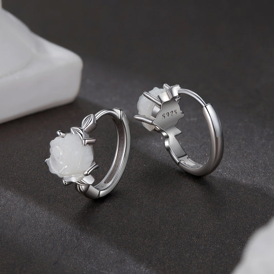 Hoop Earrings White Rose S925 Silver White Gold Plated