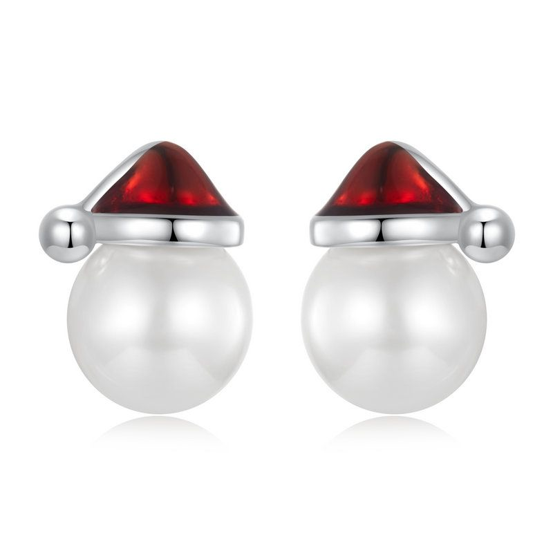 Stud Earrings Christmas Hat S925 Silver With Pearl