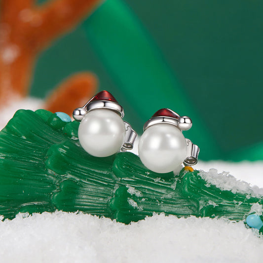 Stud Earrings Christmas Hat S925 Silver With Pearl