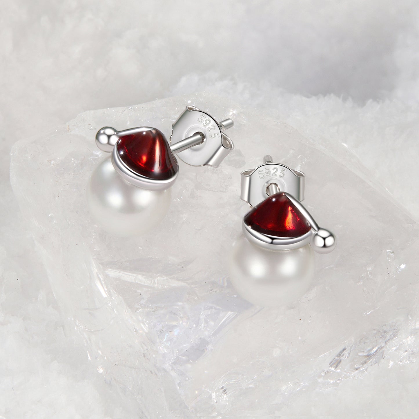 Stud Earrings Christmas Hat S925 Silver With Pearl