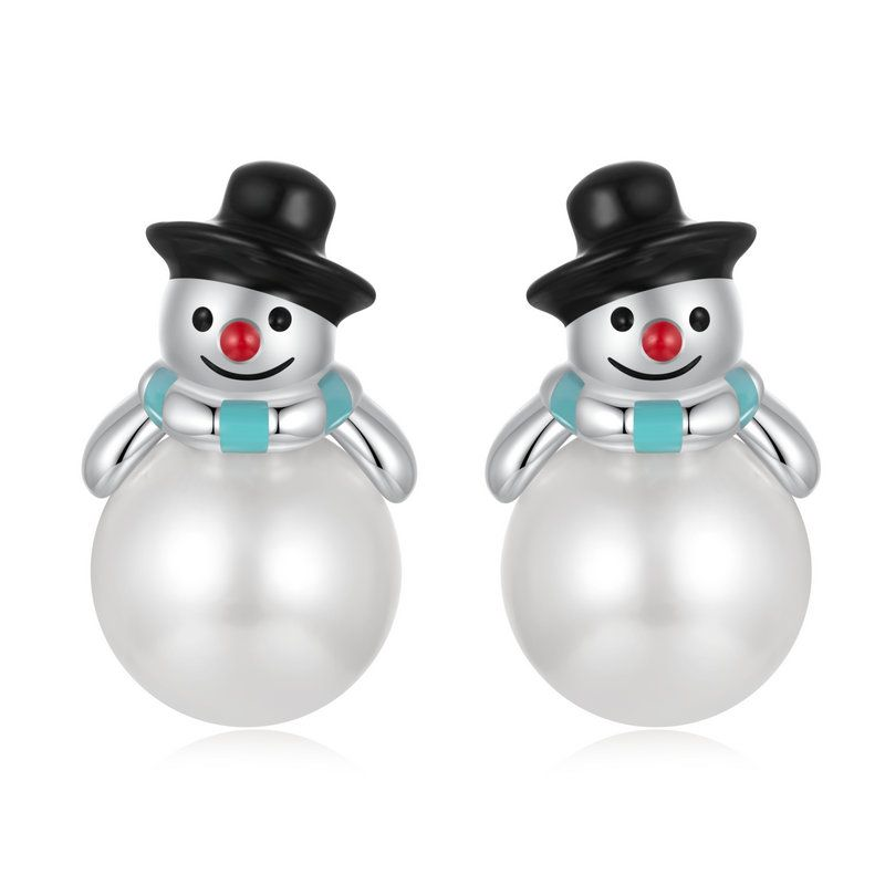 Stud Earrings Christmas Snowman S925 Silver With Pearl