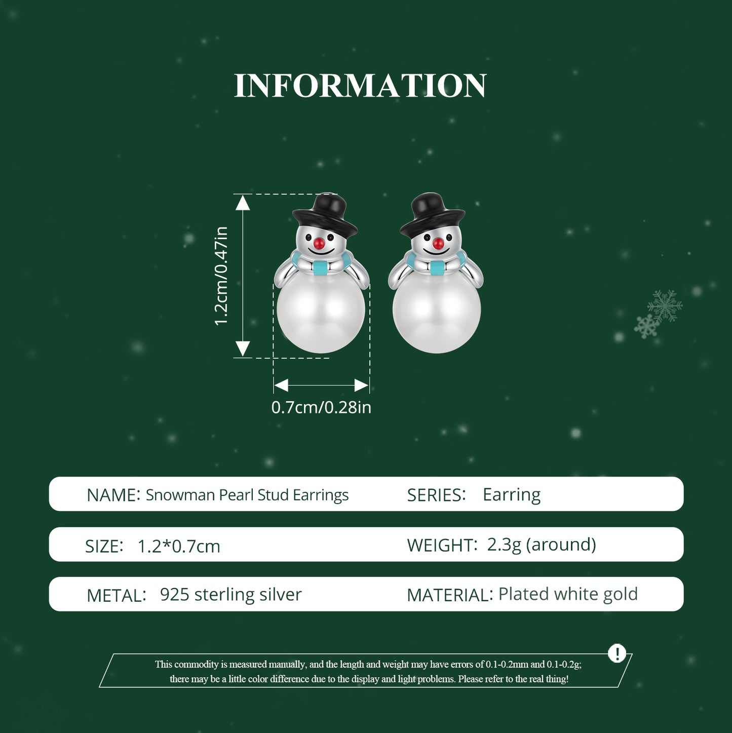 Stud Earrings Christmas Snowman S925 Silver With Pearl