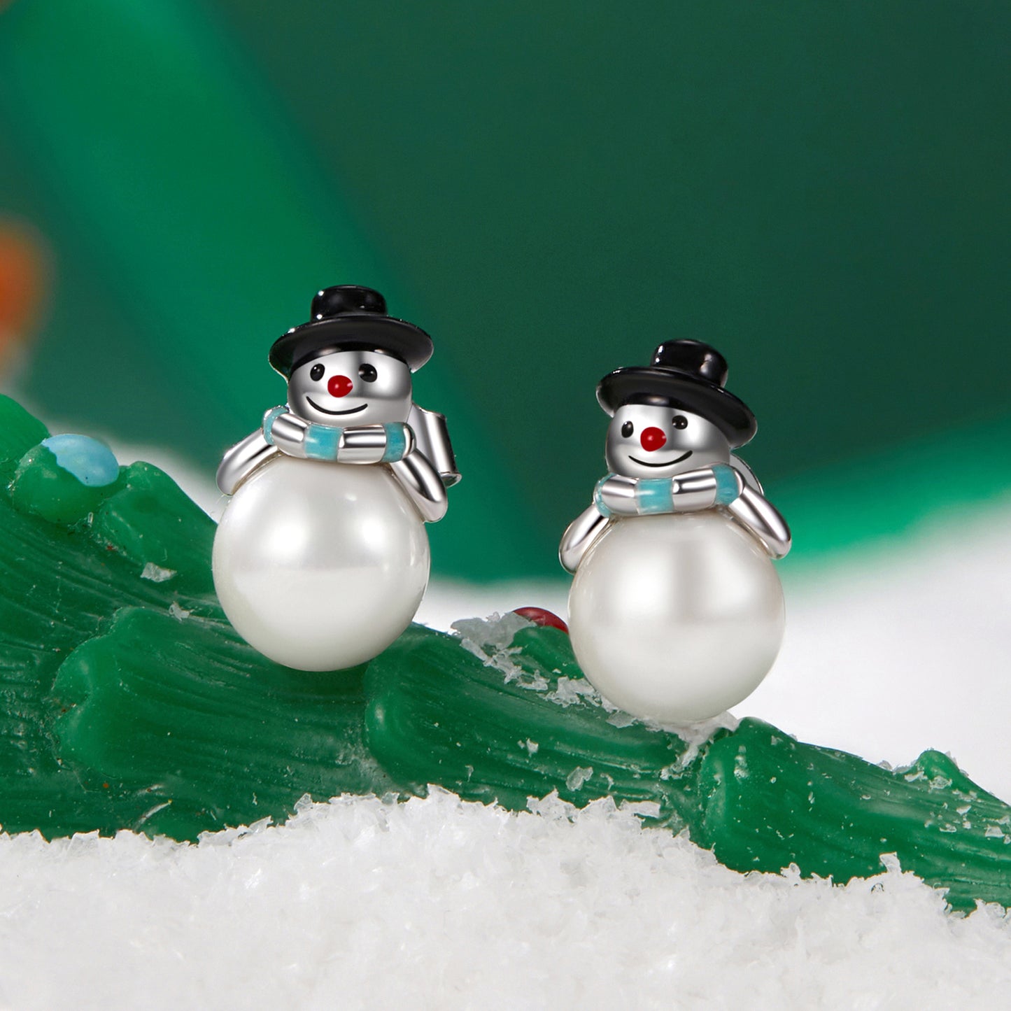 Stud Earrings Christmas Snowman S925 Silver With Pearl