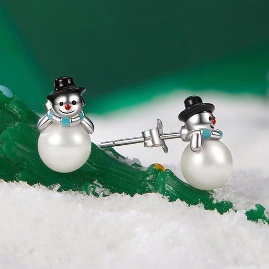 Stud Earrings Christmas Snowman S925 Silver With Pearl