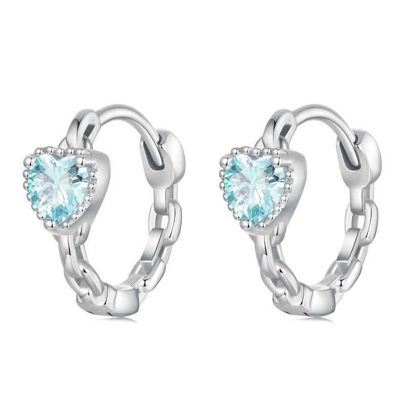 Hoop Earrings Princess Style Heart Blue Stone S925 Silver