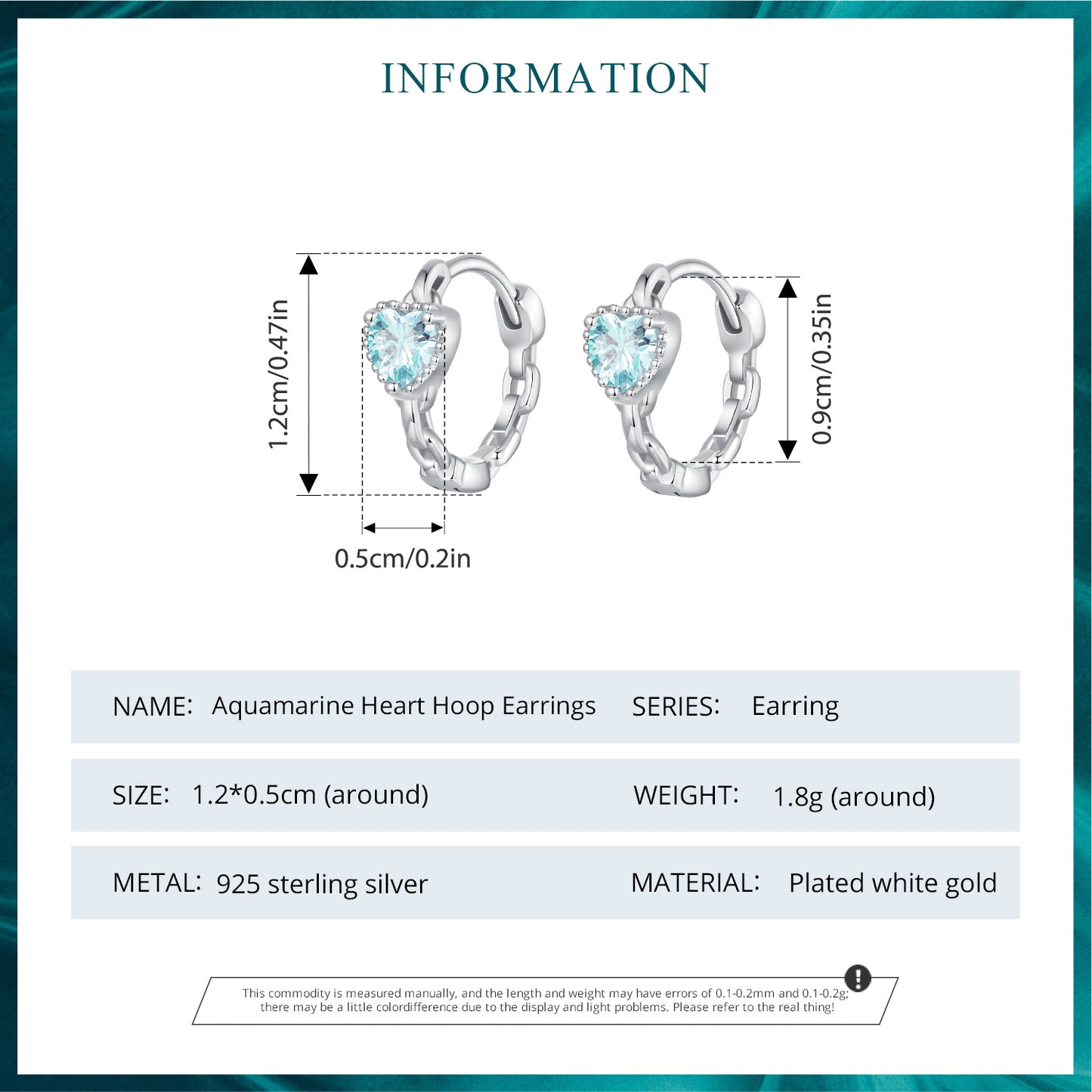 Hoop Earrings Princess Style Heart Blue Stone S925 Silver