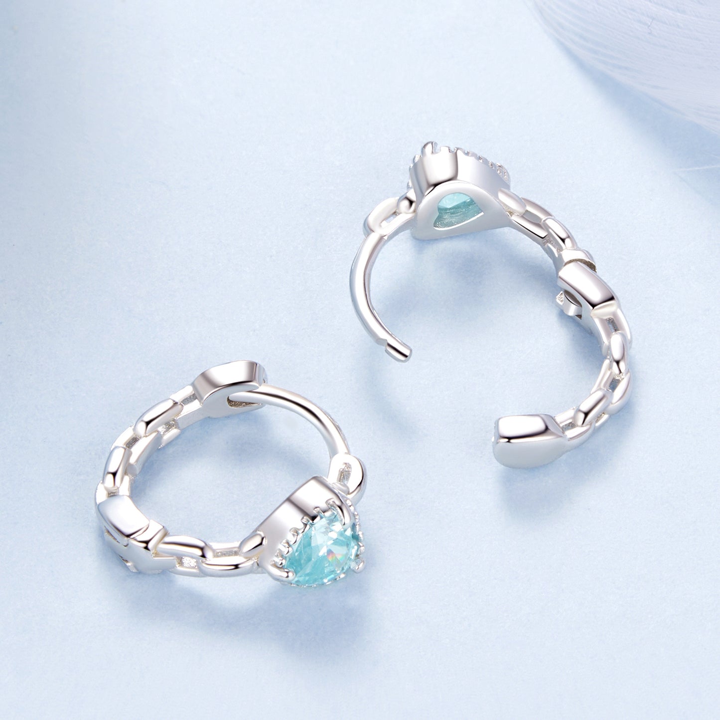 Hoop Earrings Princess Style Heart Blue Stone S925 Silver