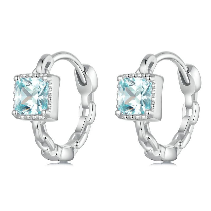 Hoop Earrings Princess Style Square Blue Stone S925 Silver