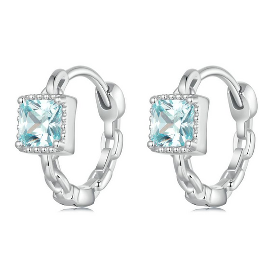 Hoop Earrings Princess Style Square Blue Stone S925 Silver