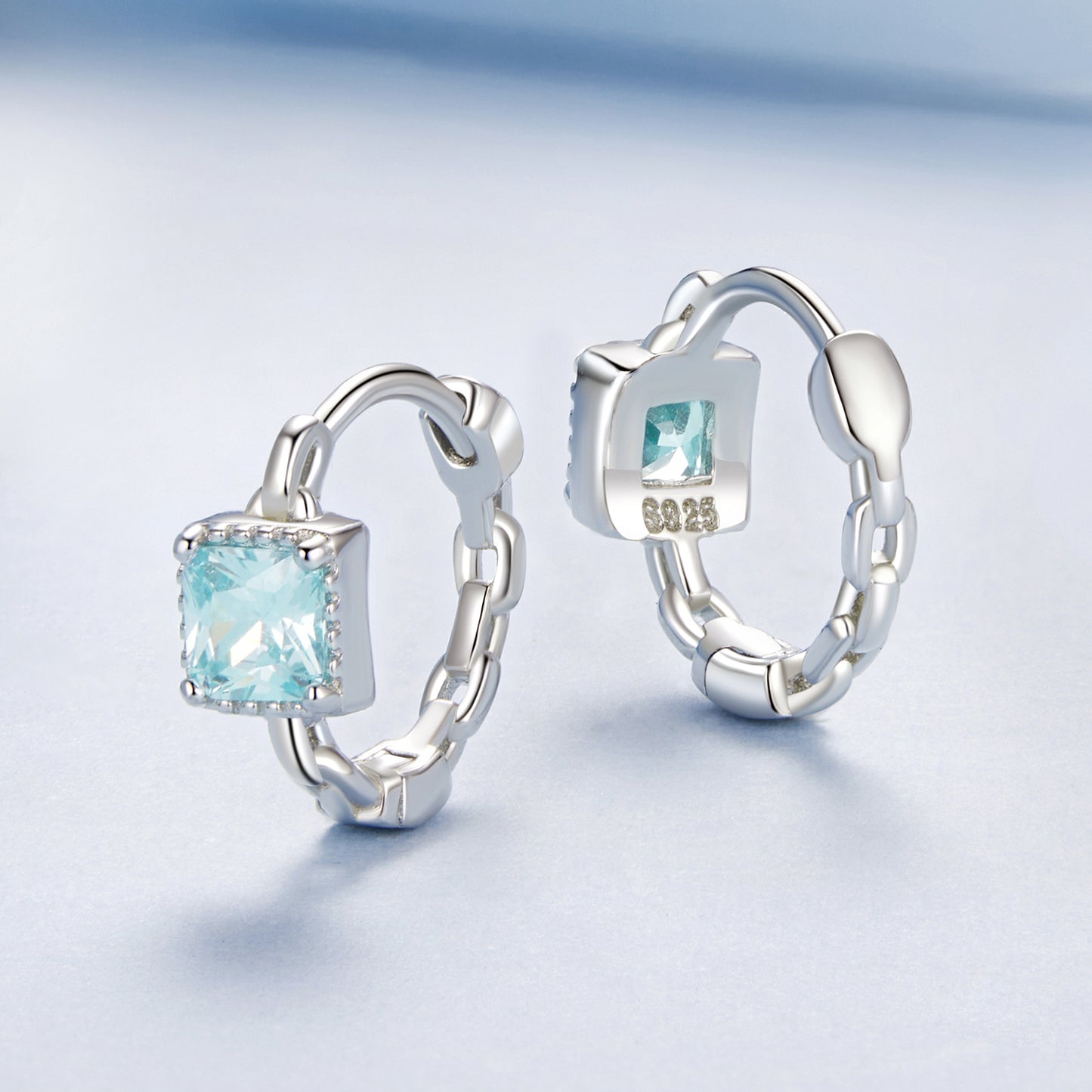 Hoop Earrings Princess Style Square Blue Stone S925 Silver