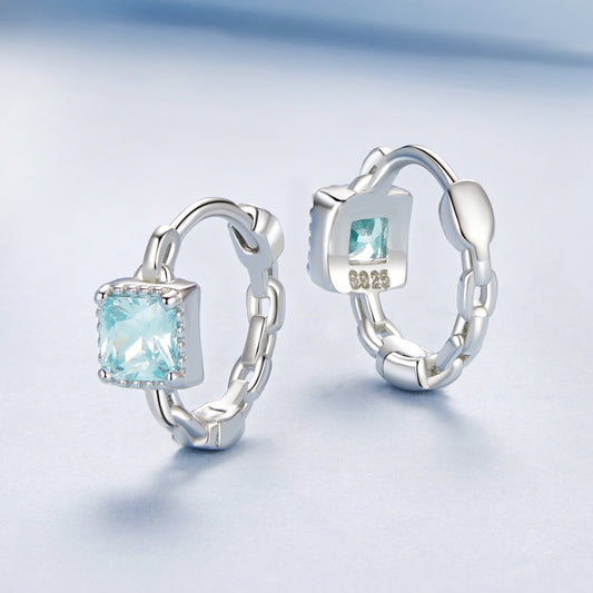 Hoop Earrings Princess Style Square Blue Stone S925 Silver