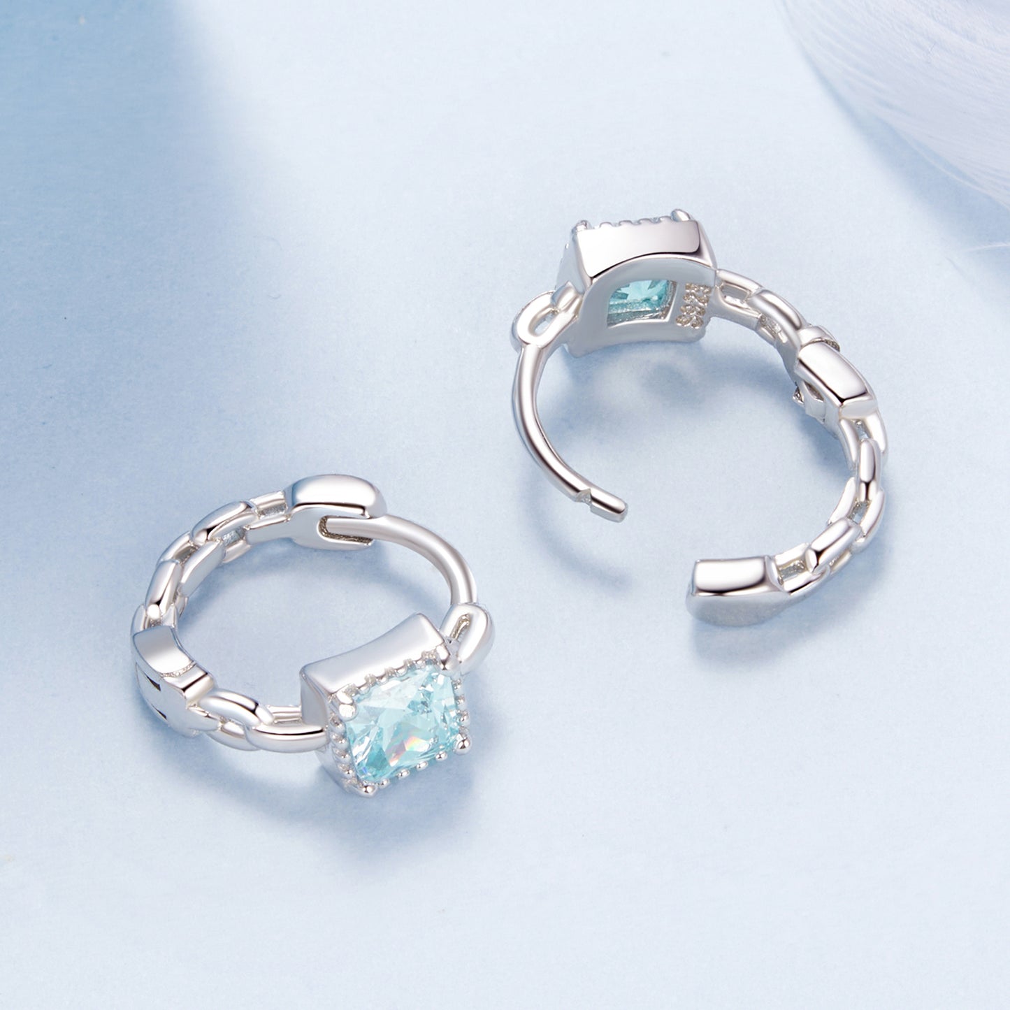 Hoop Earrings Princess Style Square Blue Stone S925 Silver