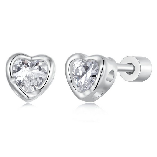 Stud Earrings Simple Heart S925 Silver With CZ Stone