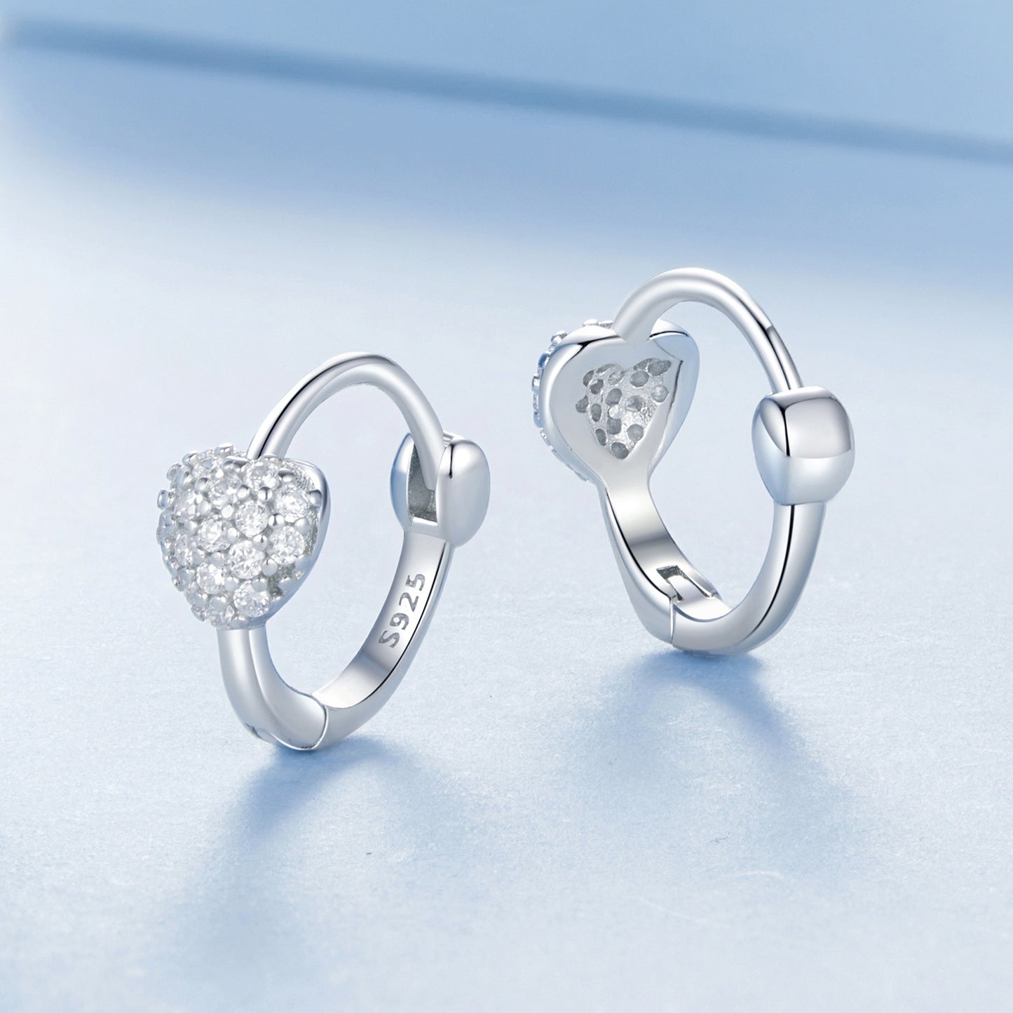 Hoop Earrings Simple Shining Heart S925 Silver With CZ Stones